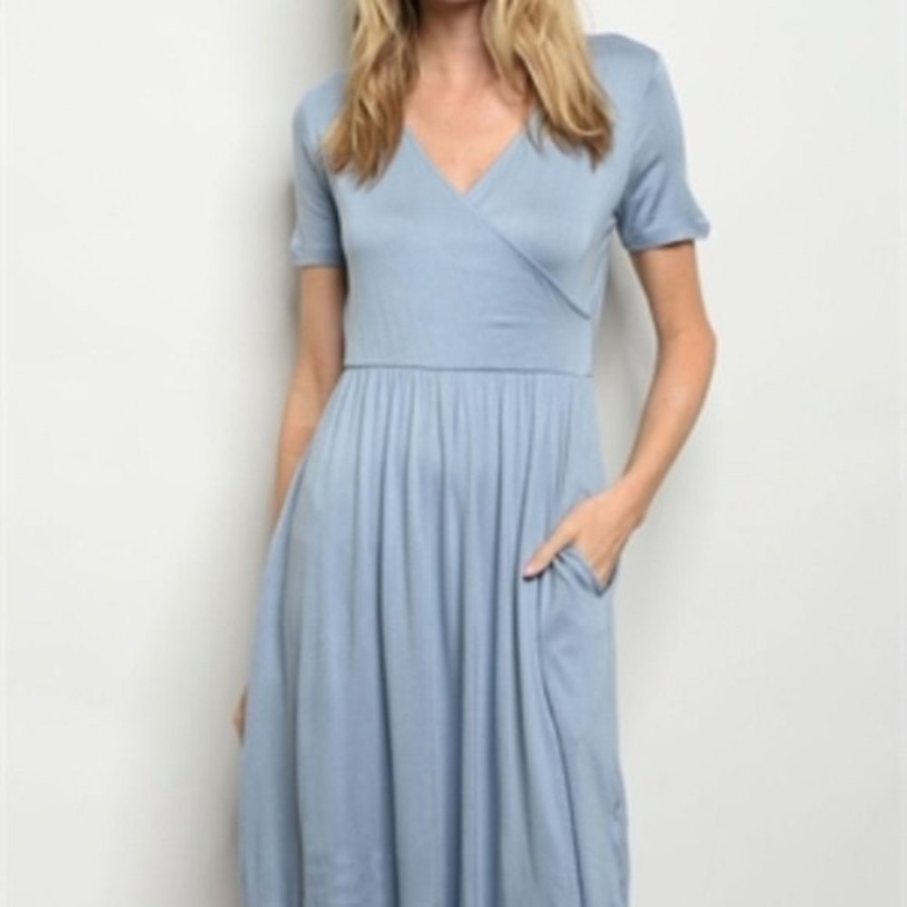 Eikosi Surplice Bust Elastic Waist  small blue pockets modest Dress scoop neck